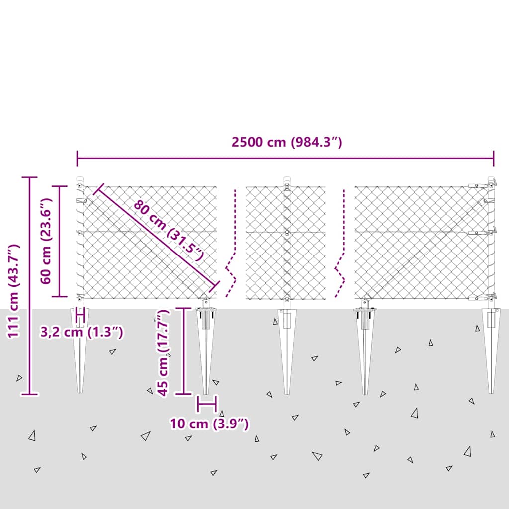 Recinzione in rete saldata zincata 25 x 0,6 m con pali e punte