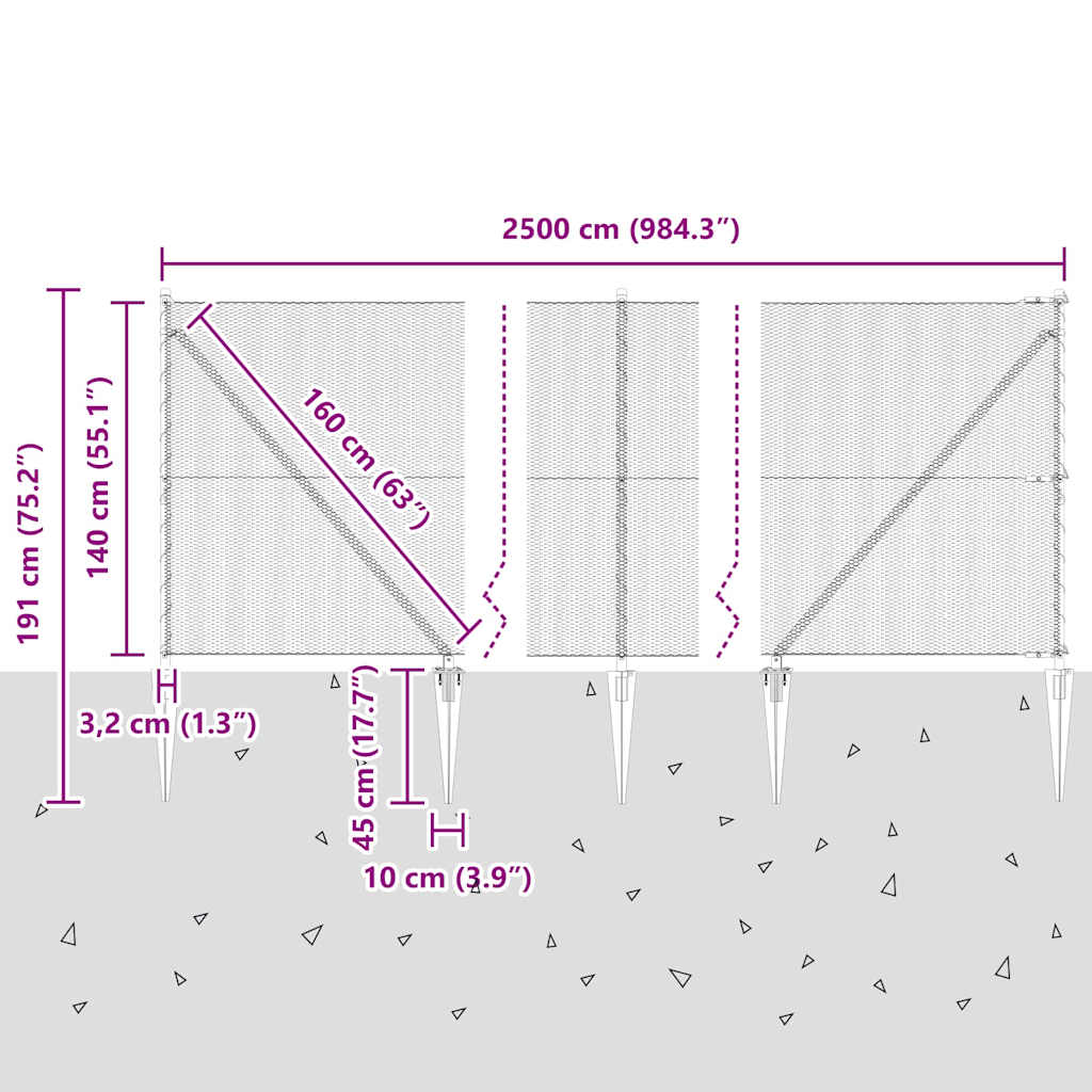 Recinzione in rete saldata con punte 25 x 1,4 m (L x H)