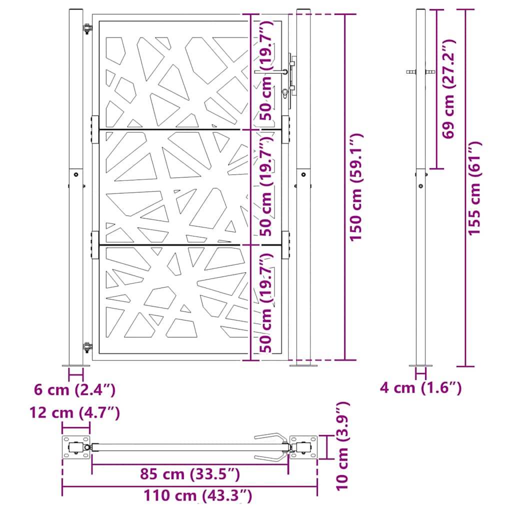 Cancello da giardino nero 100x150 cm in acciaio design taglio laser