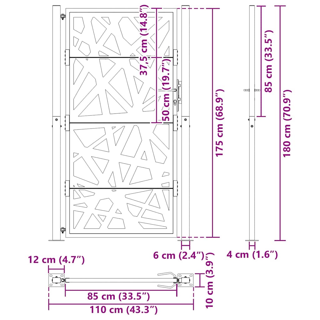 Cancello da giardino nero 100x175 cm in acciaio design tagliato al laser