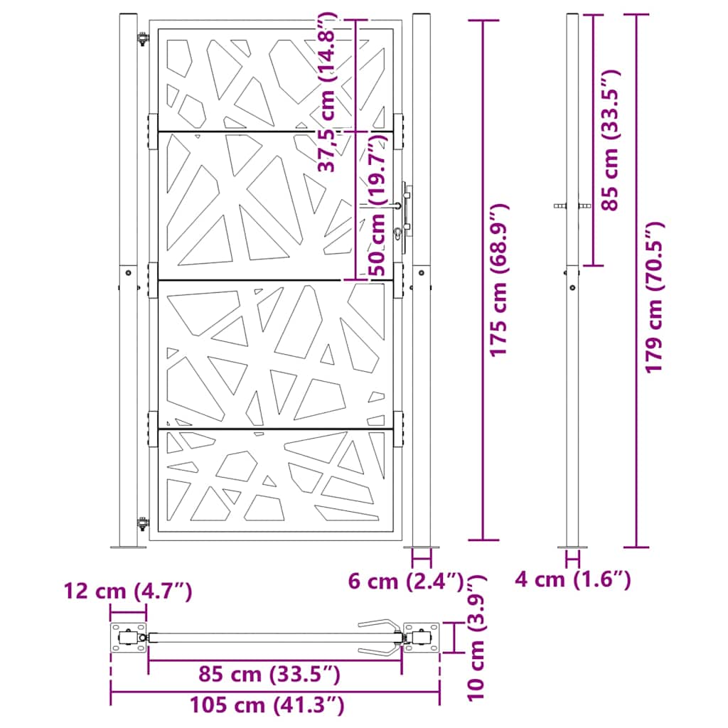 Cancello da giardino 100x175 cm in acciaio corten con design tagliato al laser