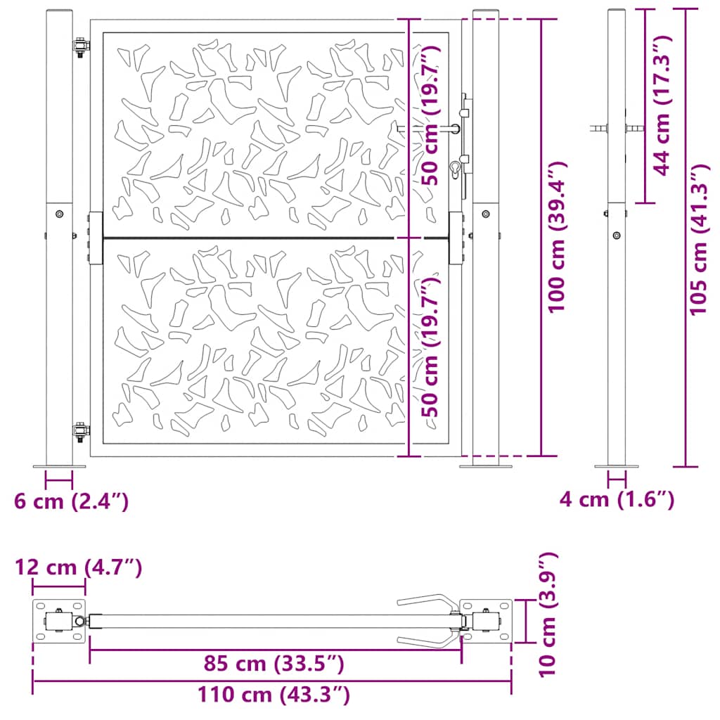 Cancello da giardino nero 100x100 cm in acciaio con design a foglia