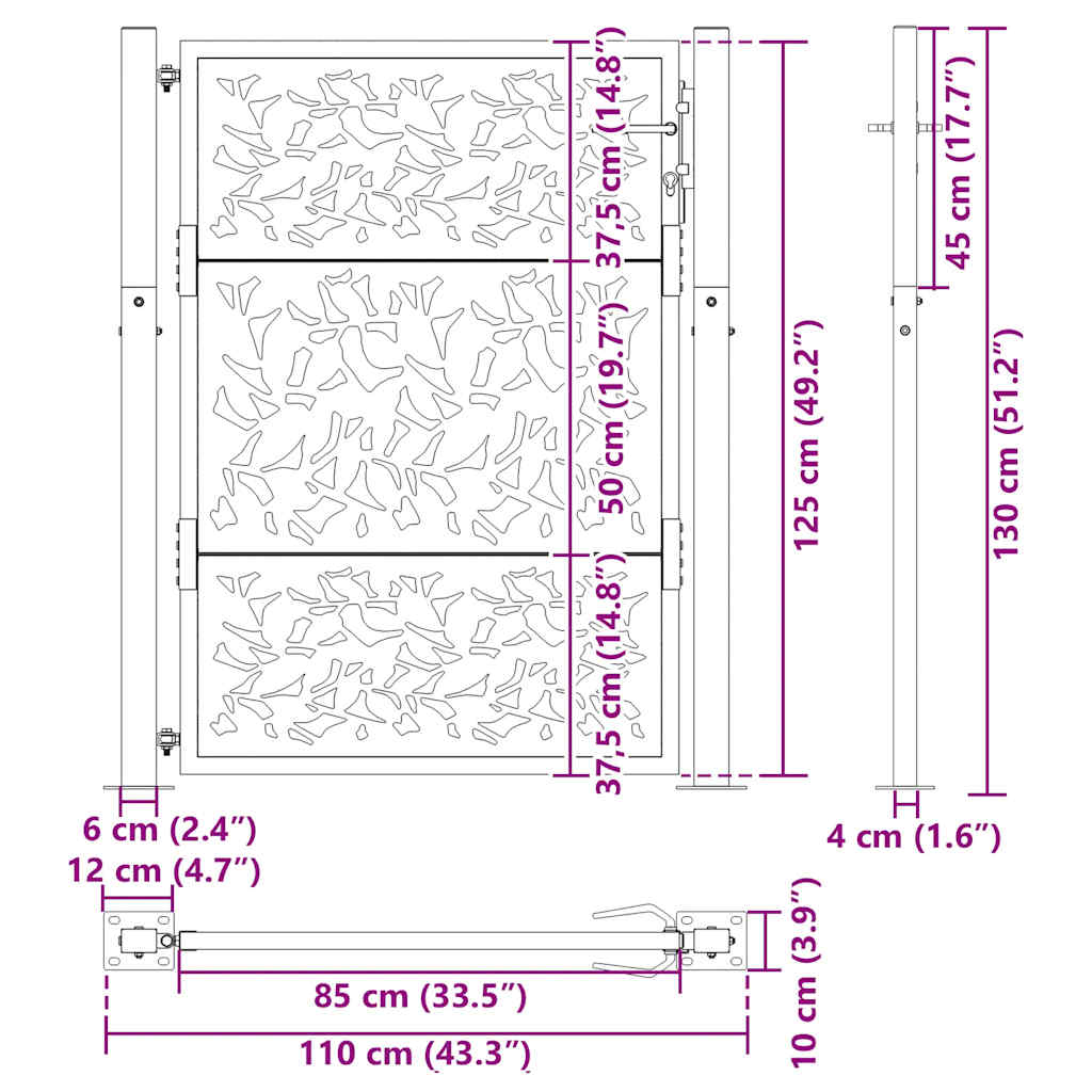 Cancello da giardino nero 100x125 cm in acciaio con design a foglia