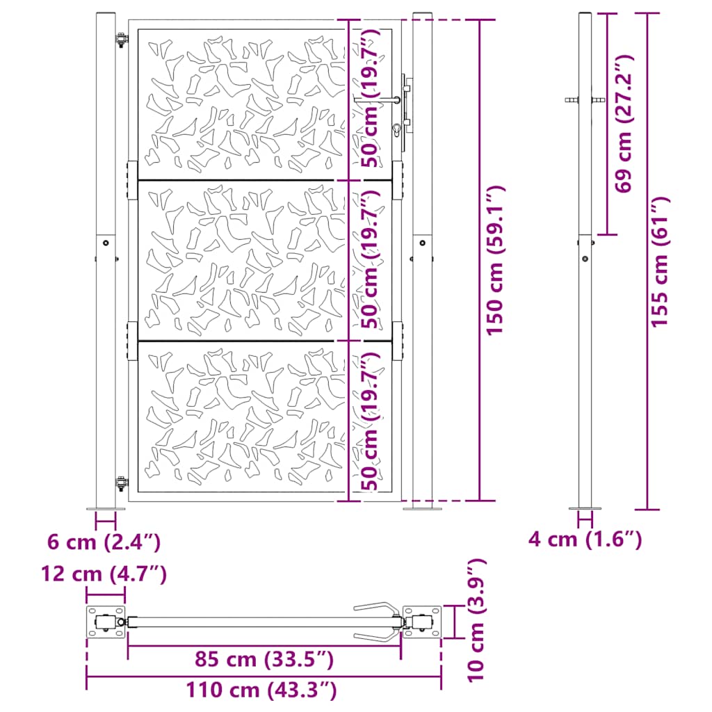 Cancello da giardino nero 100x150 cm in acciaio con design a foglia