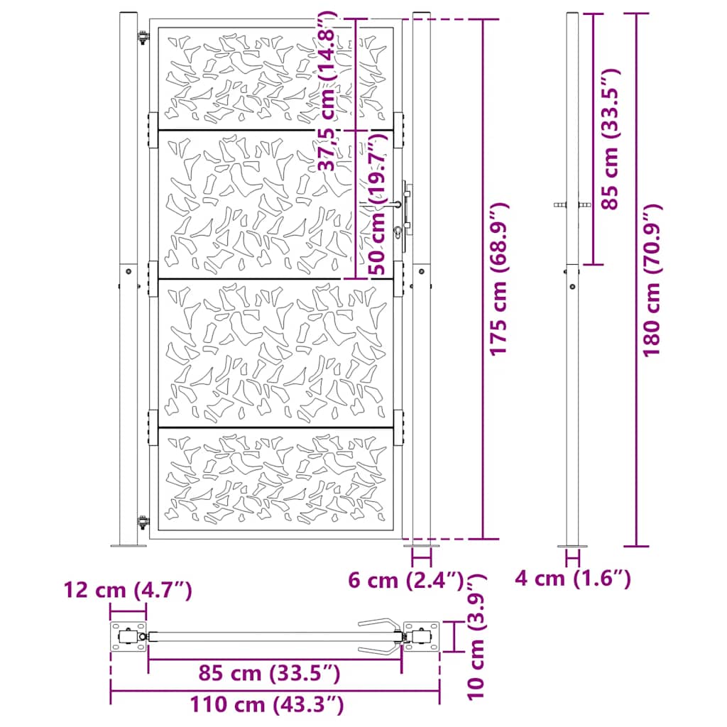Cancello da giardino nero 100x175 cm in acciaio con design a foglia