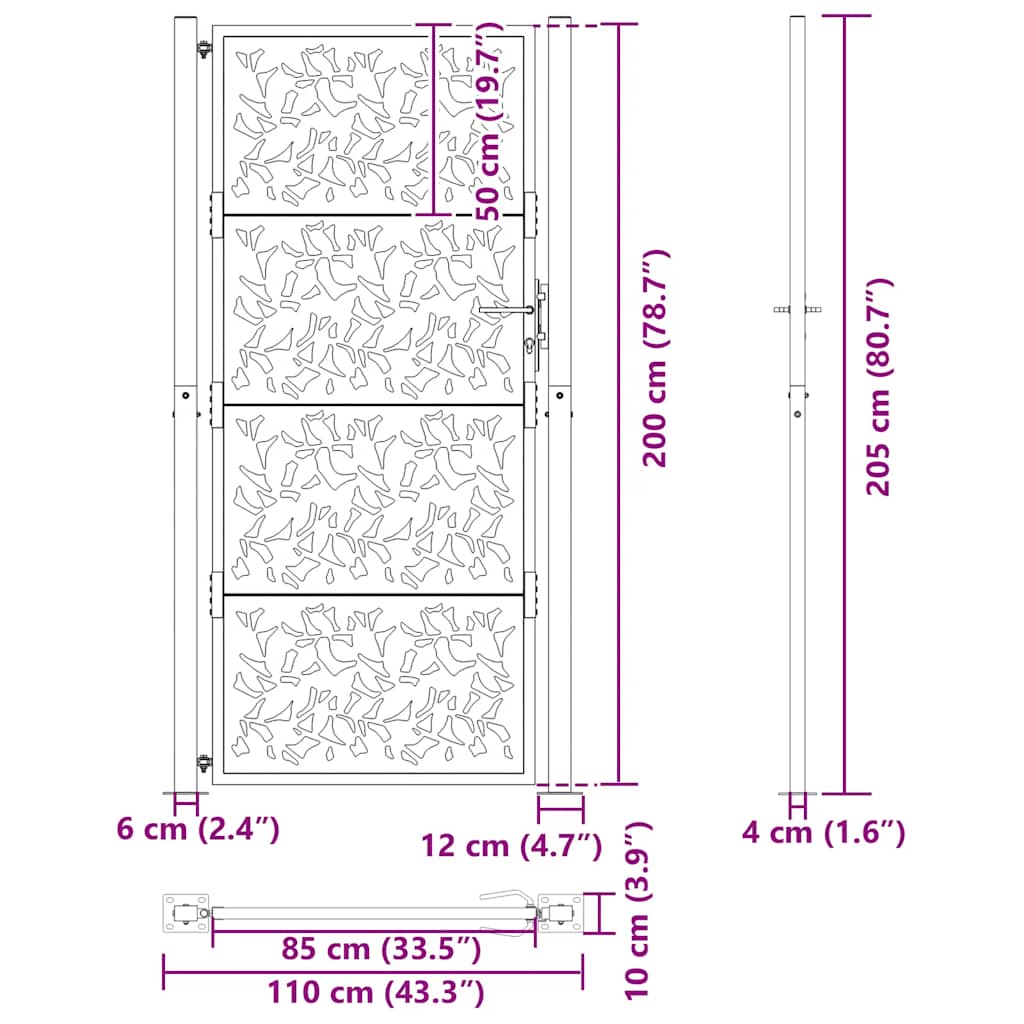 Cancello da giardino nero 100x200 cm in acciaio con design a foglia