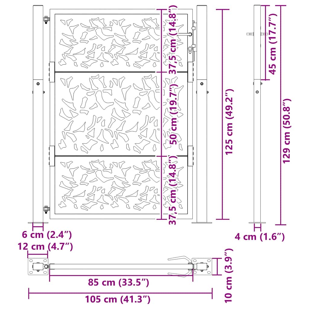Cancello da giardino 100x125 cm in acciaio corten con design a foglia