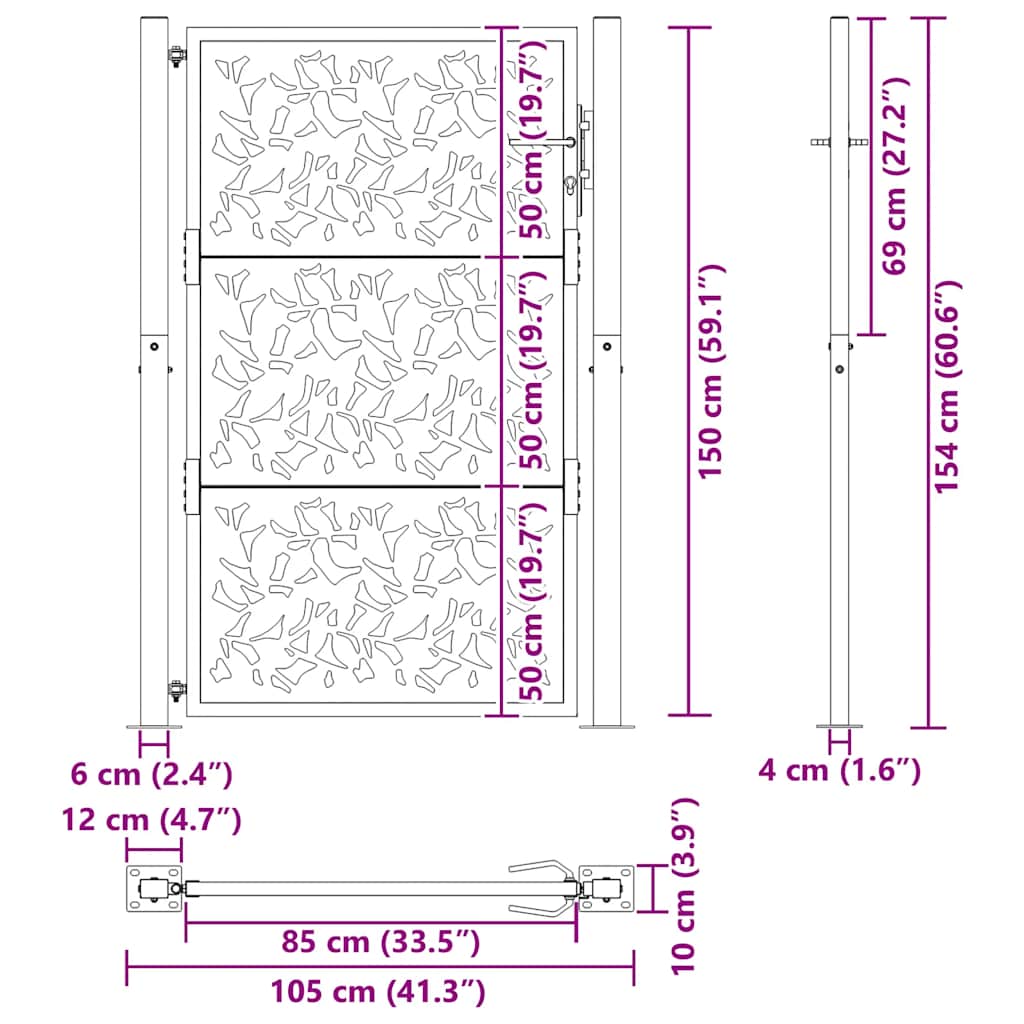 Cancello da giardino 100x150 cm in acciaio corten con design a foglia