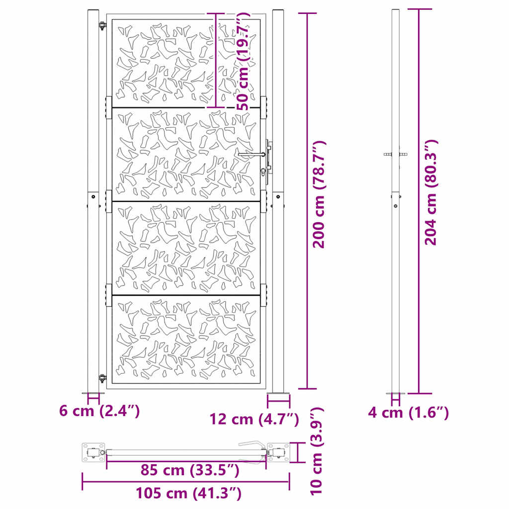 Cancello da giardino 100x200 cm in acciaio corten con design a foglia