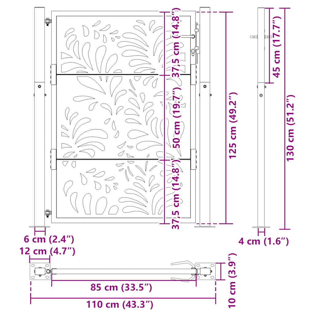 Cancello da giardino nero 100x125 cm in acciaio con design ondulato