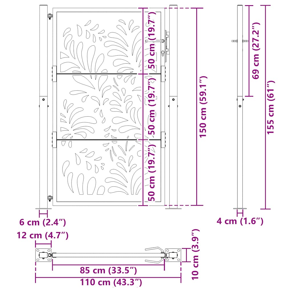 Cancello da giardino nero 100x150 cm in acciaio design ondulato