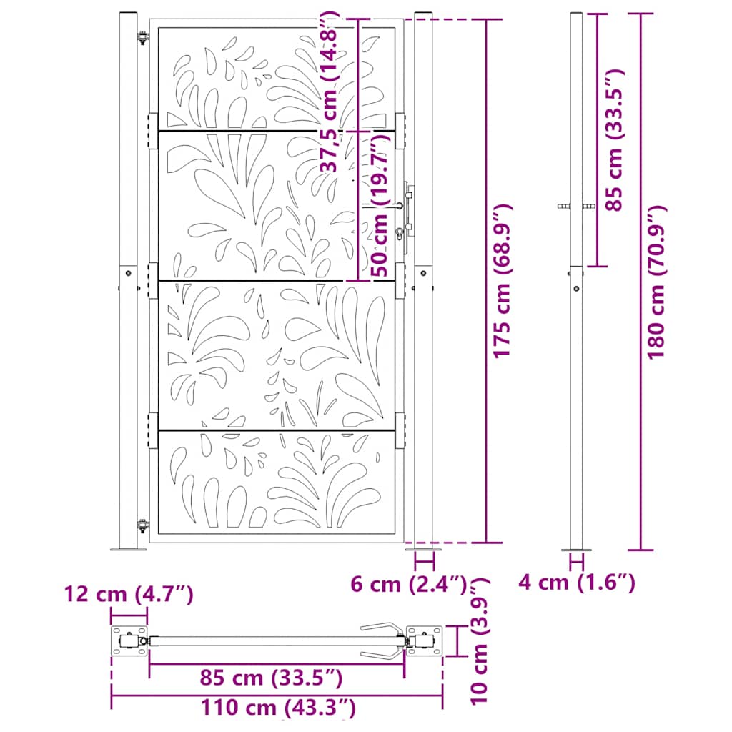 Cancello da giardino nero 100x175 cm in acciaio design ondulato