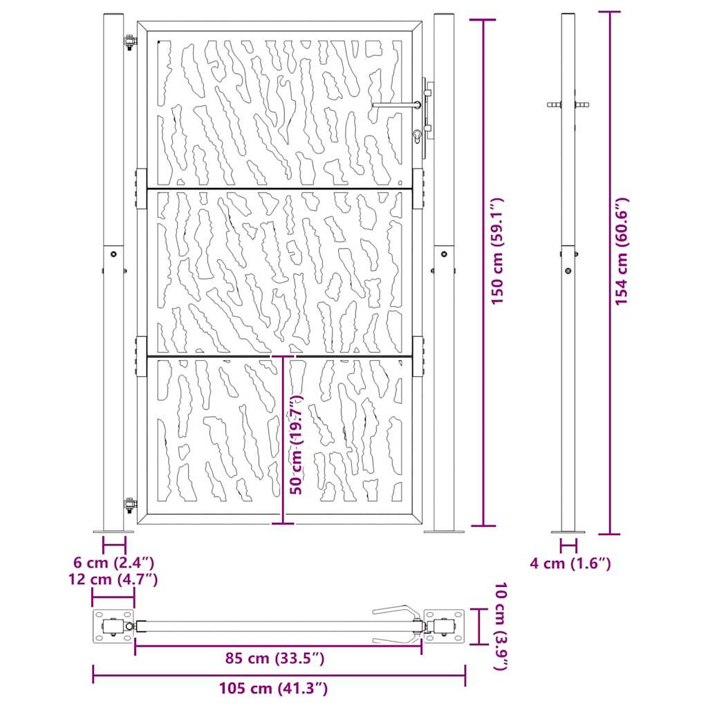 Cancello da giardino 100x150 cm in acciaio corten con design tagliato al laser