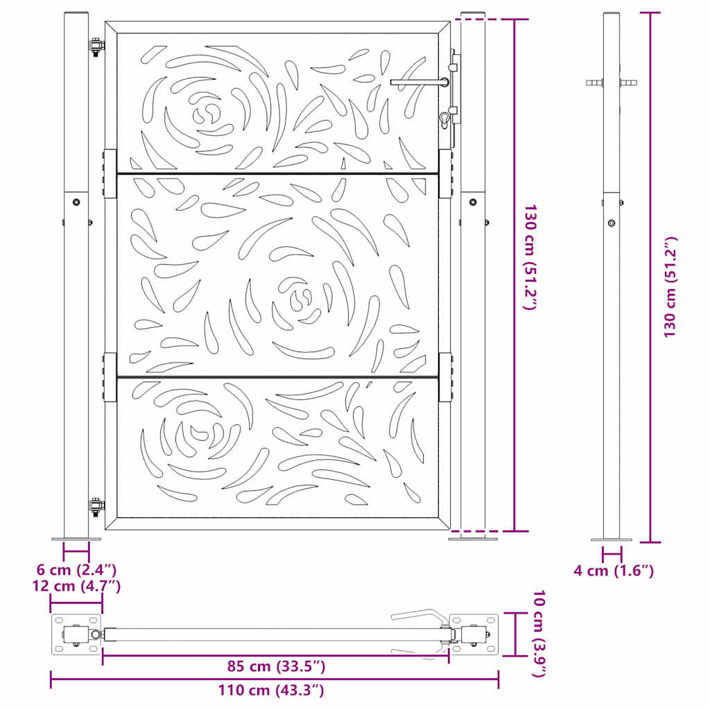 Cancello da giardino nero 100x125 cm in acciaio design a fiamma