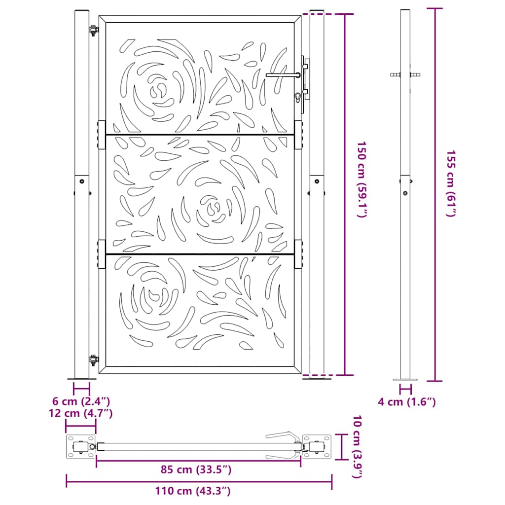 Cancello da giardino nero 100x150 cm in acciaio con design a fiamma