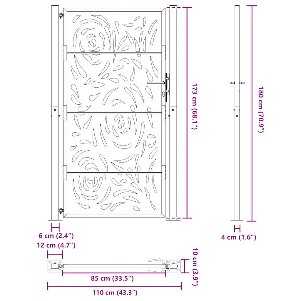 Cancello da giardino nero 100x175 cm in acciaio con design a fiamma