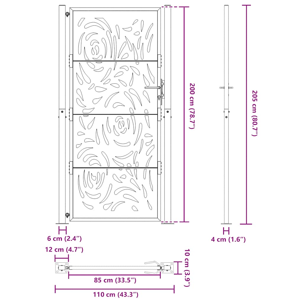 Cancello da giardino nero 100x200 cm in acciaio design fiamma