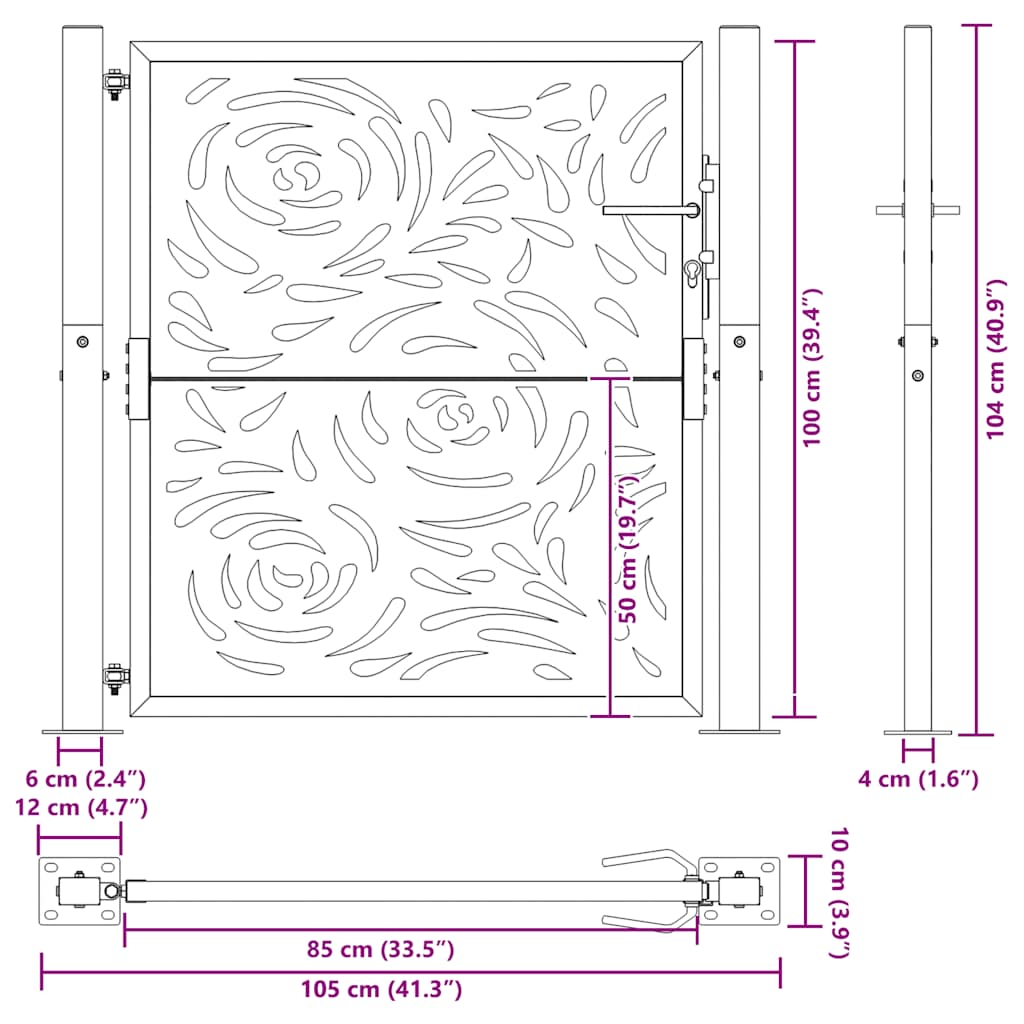 Cancello da giardino 100x100 cm in acciaio corten con design a fiamma