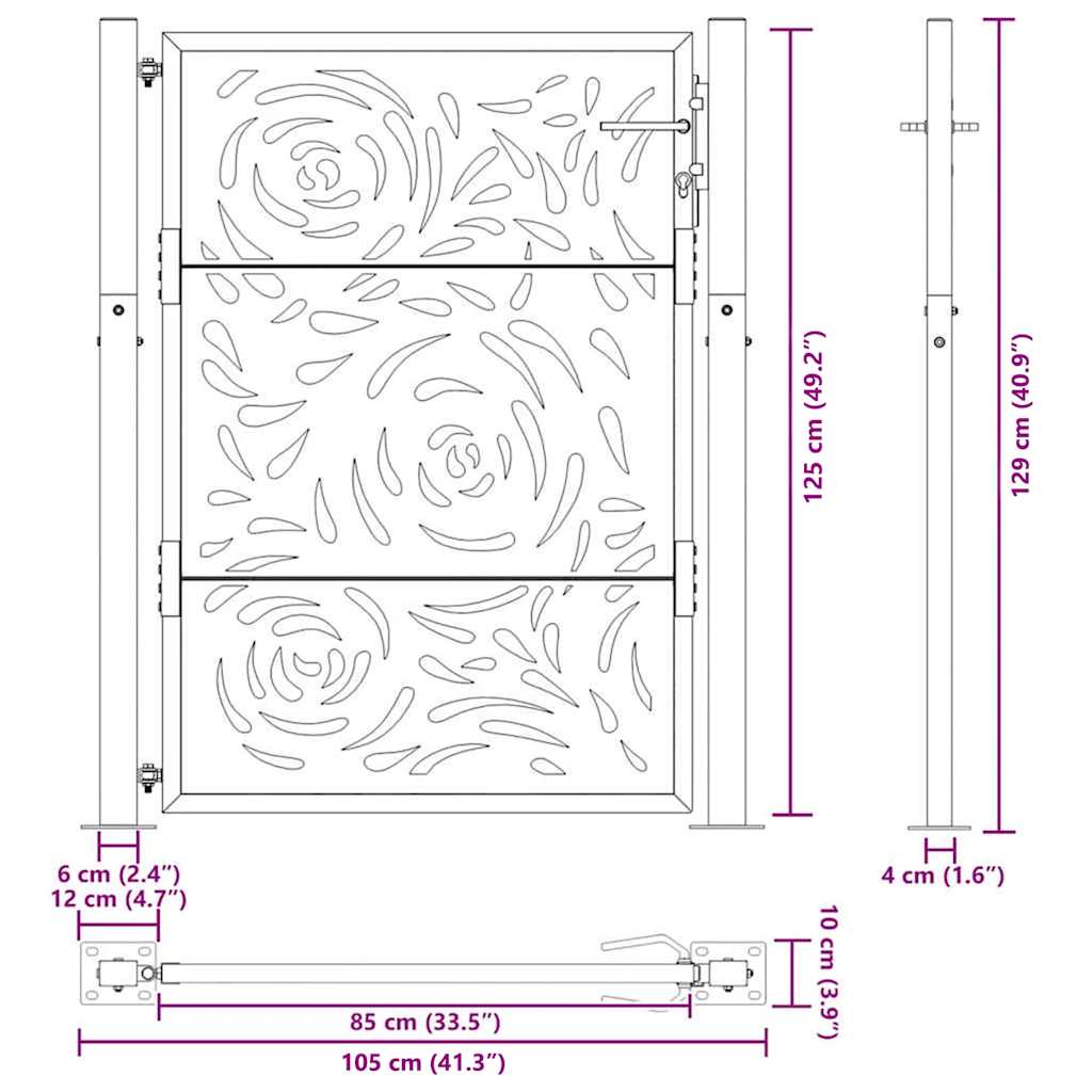 Cancello da giardino 100x125 cm in acciaio corten con design a fiamma