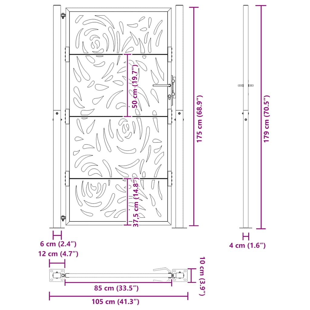 Cancello da giardino 100x175 cm in acciaio corten con design a fiamma