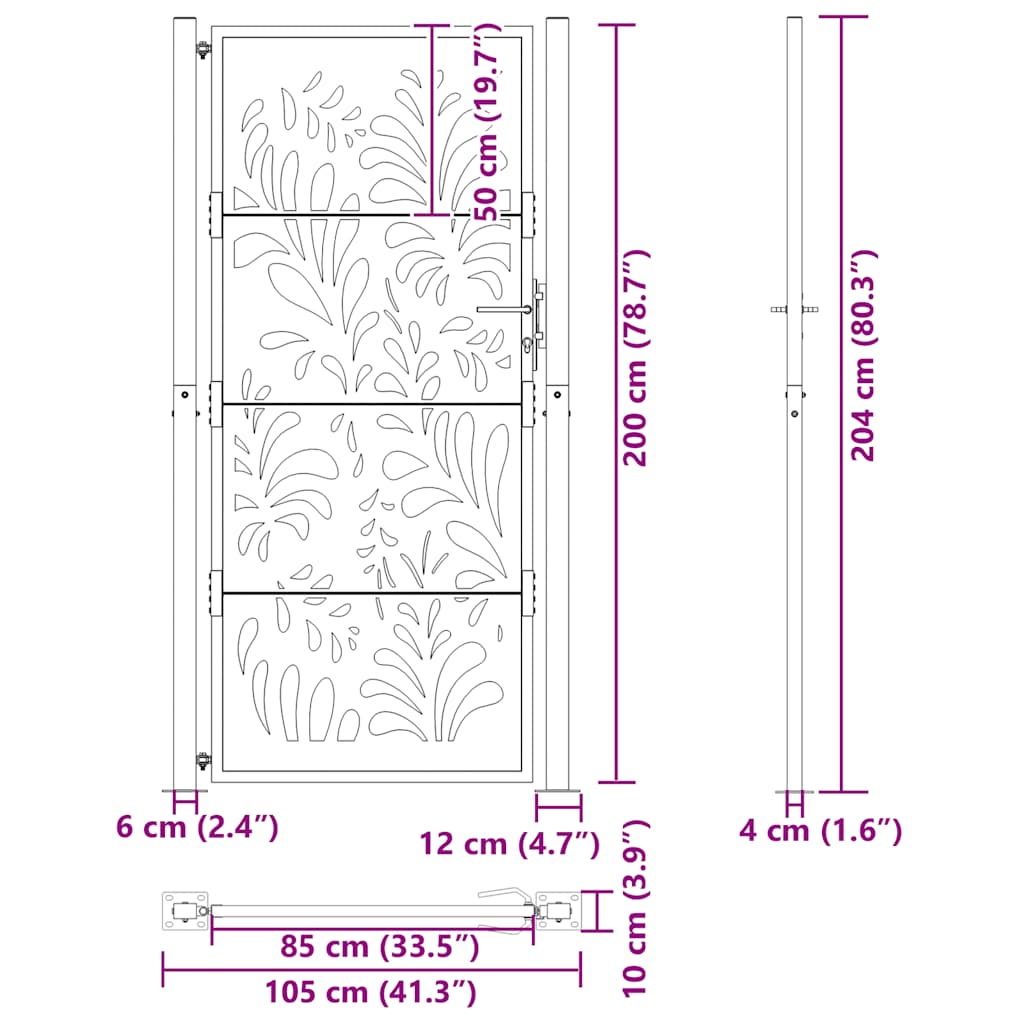 Cancello da giardino 100x200 cm in acciaio corten con design a fiamma