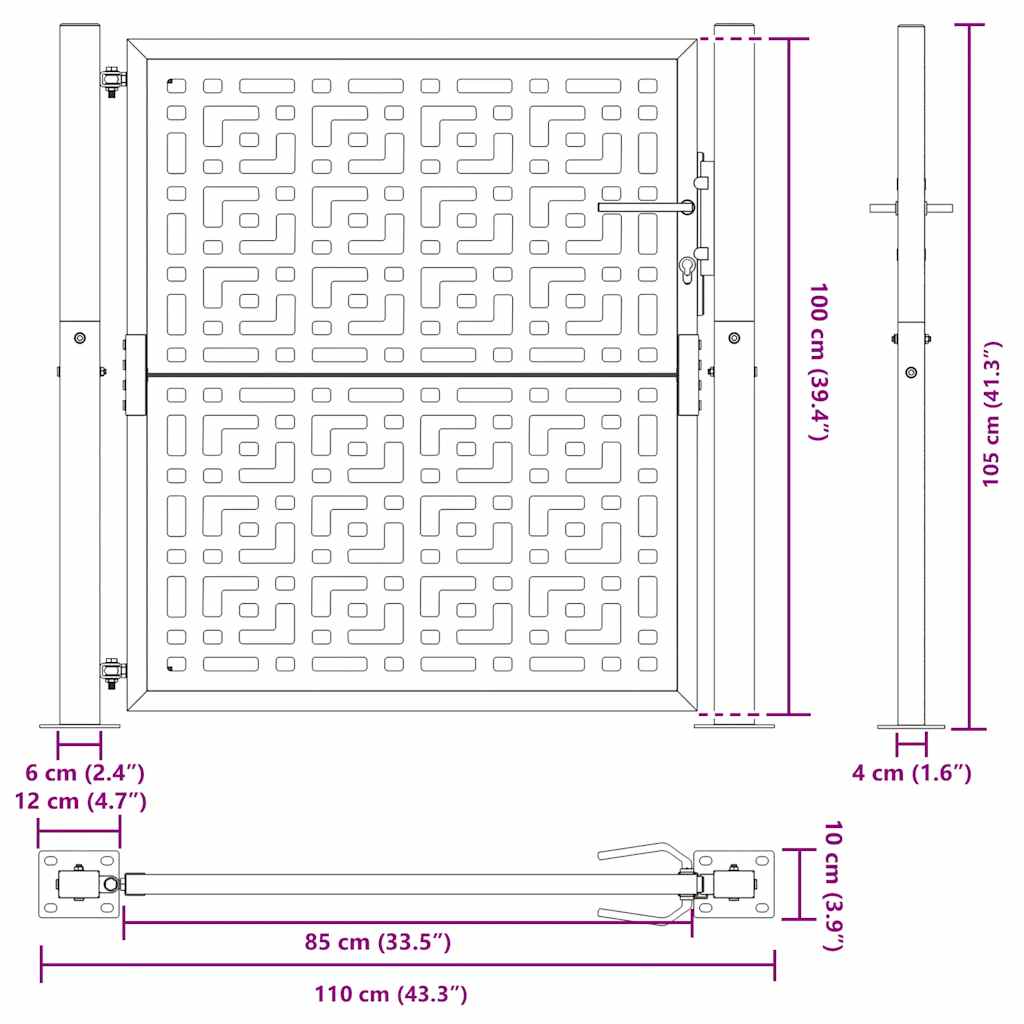 Cancello da giardino nero 100x100 cm in acciaio con design a croce