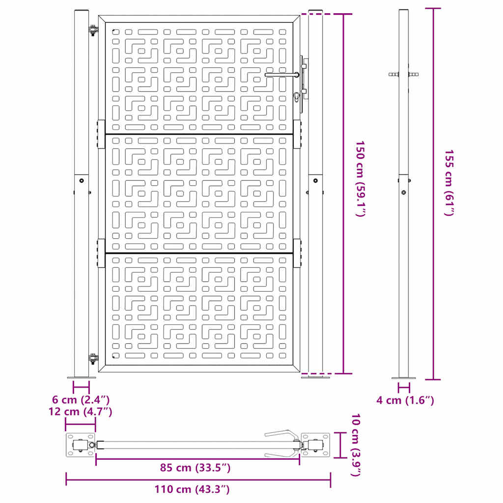 Cancello da giardino nero 100x150 cm in acciaio con design a croce