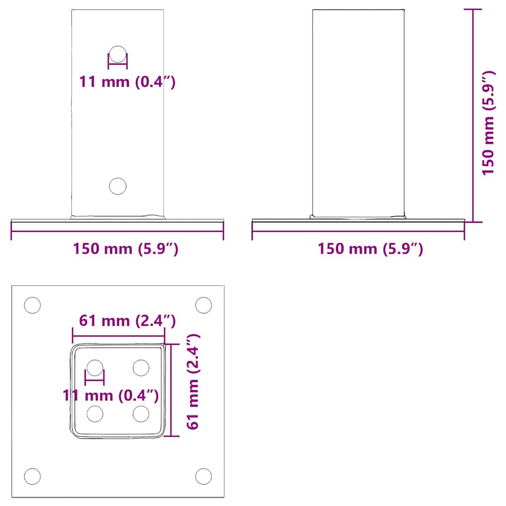 Basi per Pali Quadrati 4 pz 61x61 mm Acciaio Verniciato Polvere Antracite