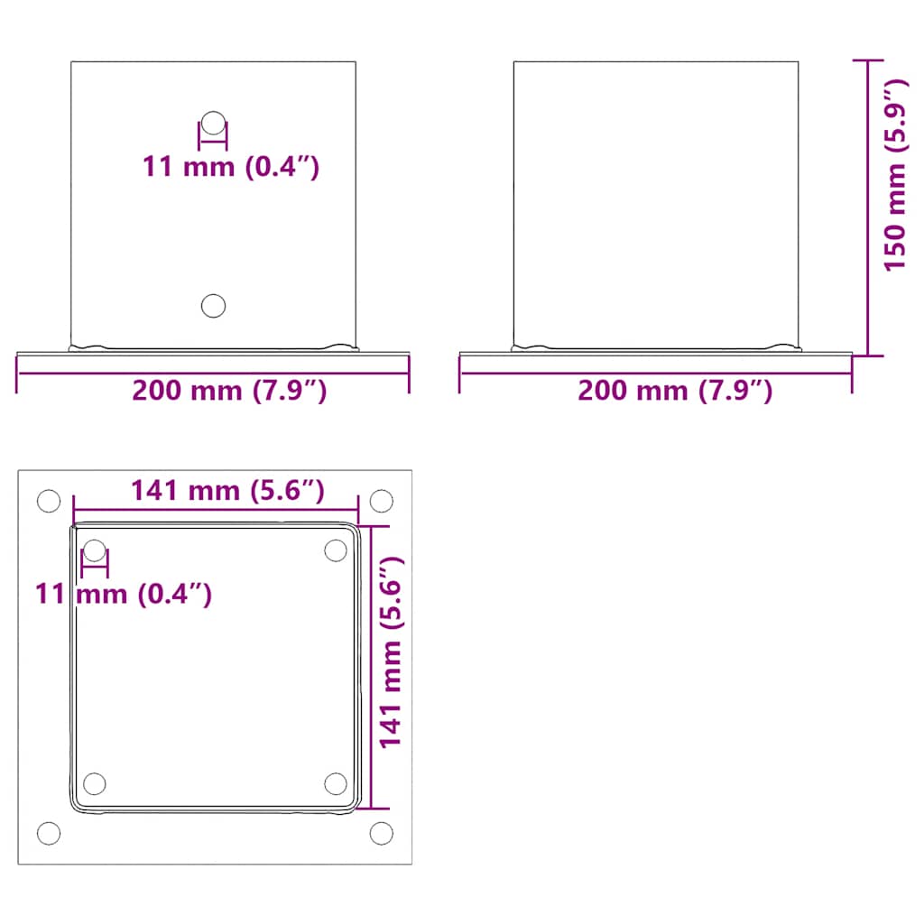 Basi per Pali Quadrati 4pz 141x141mm Acciaio Verniciato Polvere Antracite