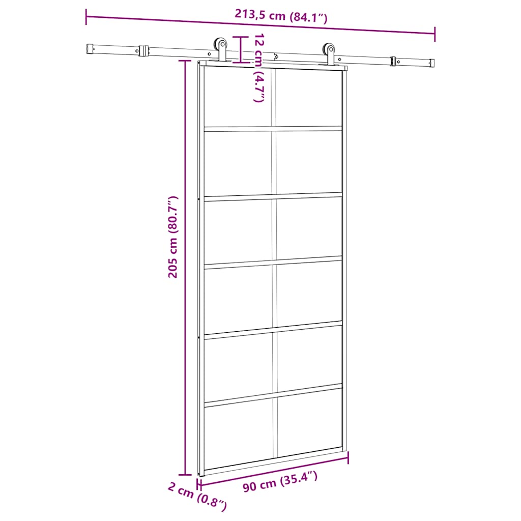 Porta Scorrevole in Vetro ESG e Alluminio 90x205cm con Ferramenta