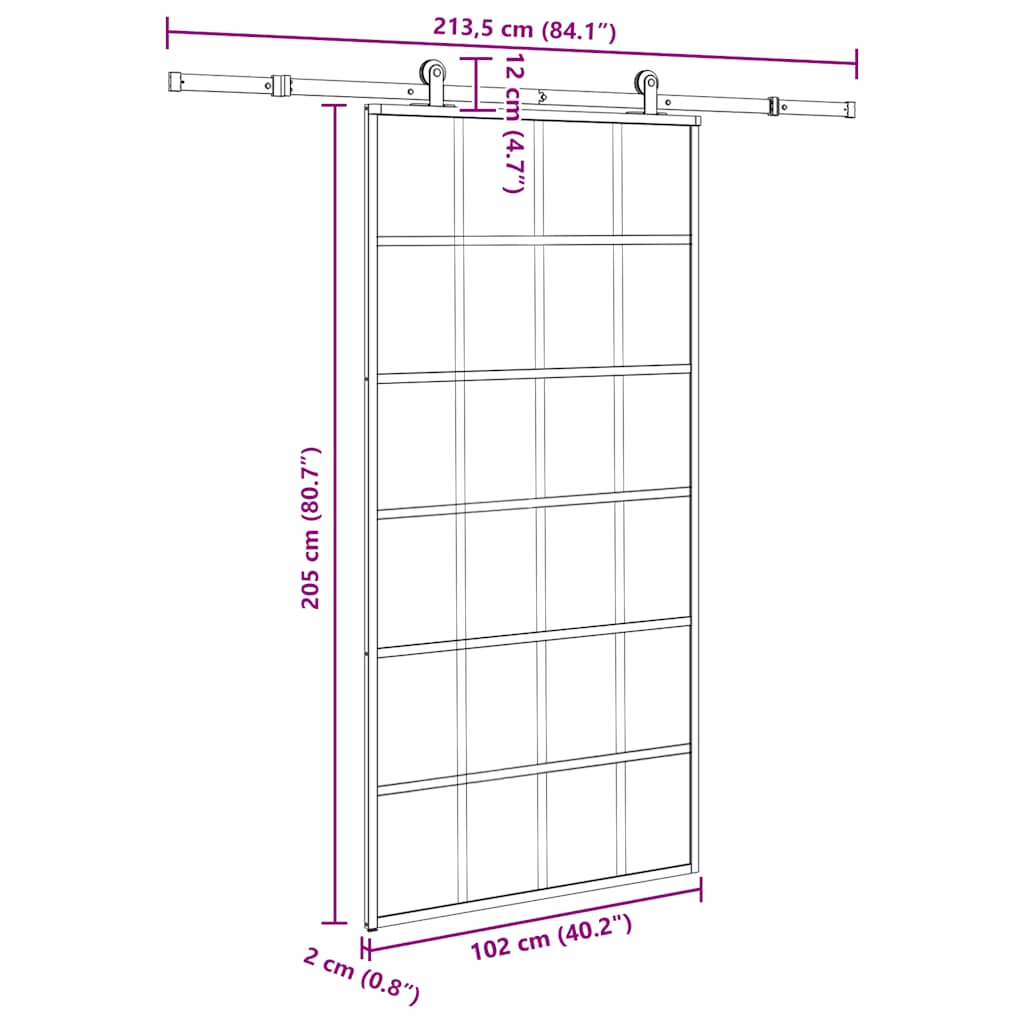 Porta Scorrevole in Vetro ESG e Alluminio 102x205 cm con Ferramenta