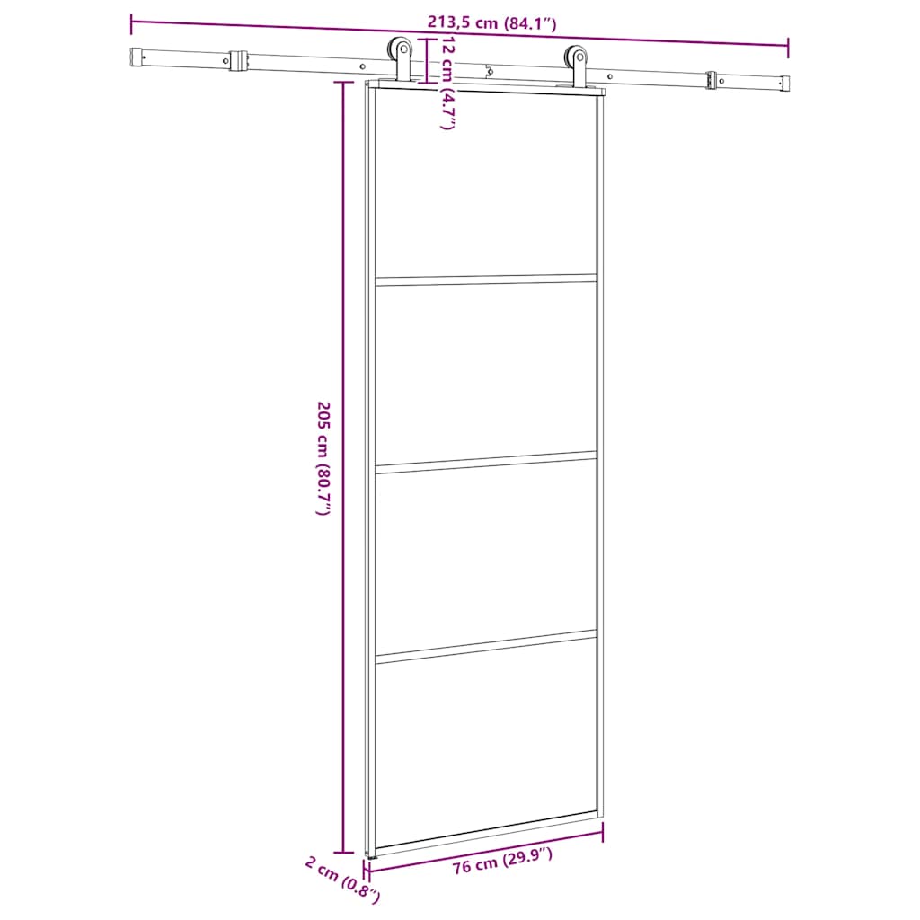 Porta Scorrevole in Vetro ESG e Alluminio 76x205cm con Ferramenta