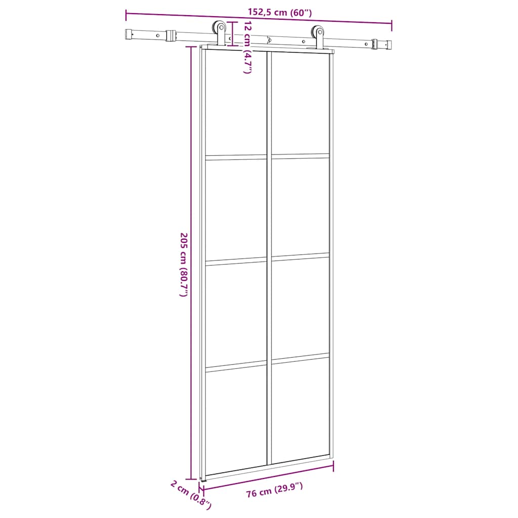 Porta Scorrevole in Vetro ESG e Alluminio 76x205cm con Ferramenta