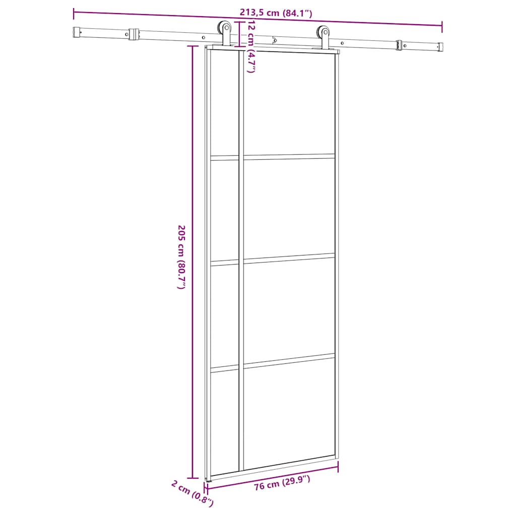 Porta Scorrevole in Vetro ESG e Alluminio 76x205 cm con Ferramenta