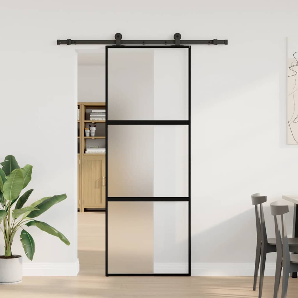 Porta Scorrevole in Vetro Temperato e Alluminio 76x205 cm Nero Opaco