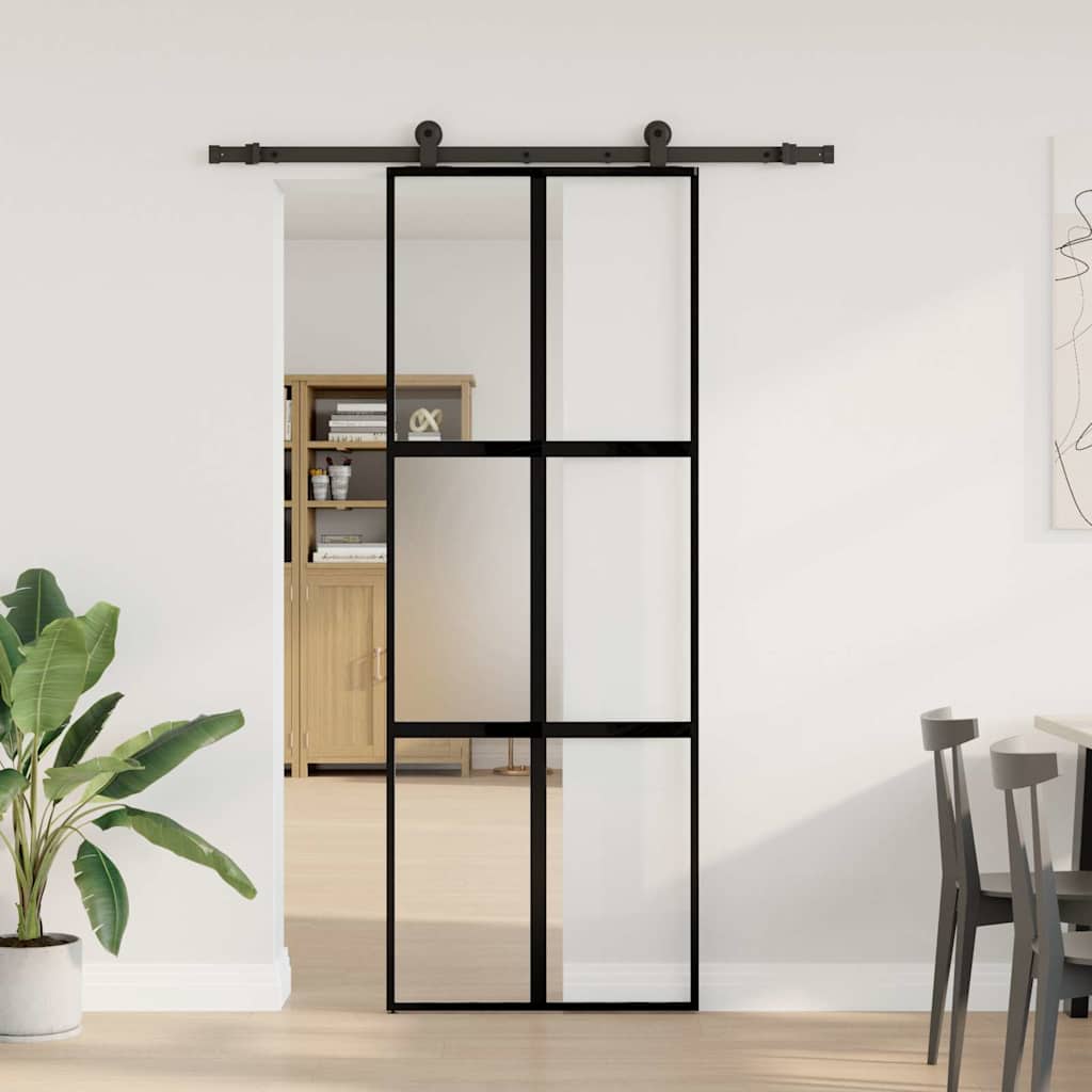 Porta Scorrevole Ferramenta 76x205 cm Vetro Temperato Alluminio Nero