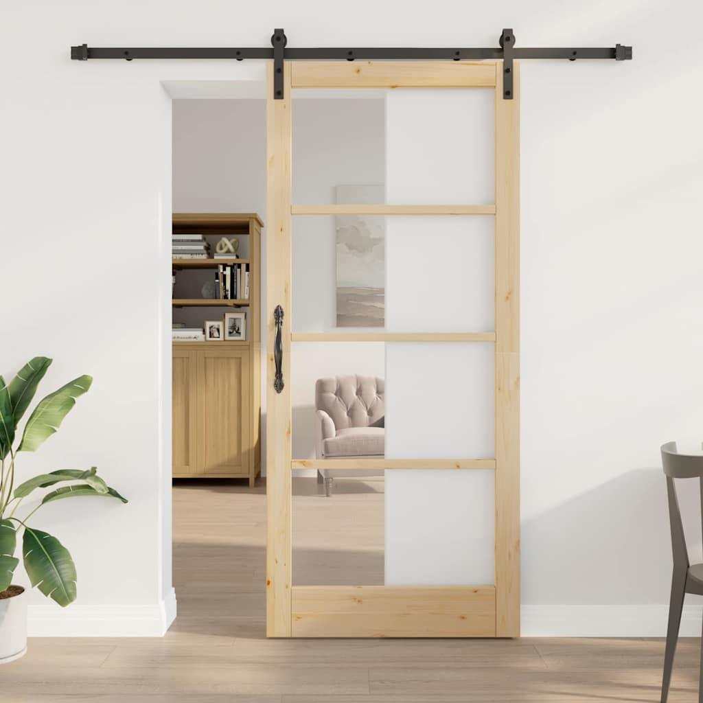 Porta scorrevole ORKDAL legno massello pino e vetro 93 x 211 cm naturale nero