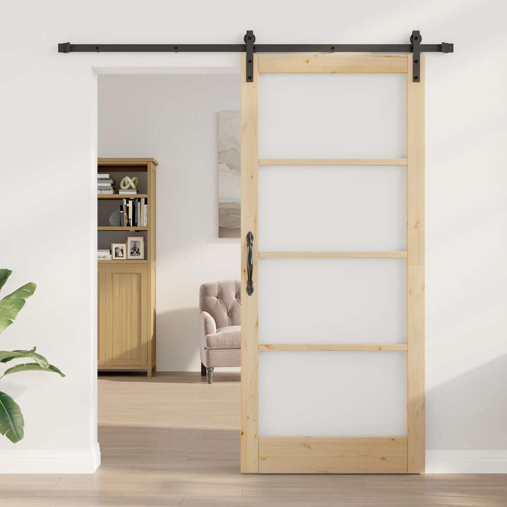 Porta scorrevole ORKDAL legno massello pino e vetro 93 x 211 cm naturale nero