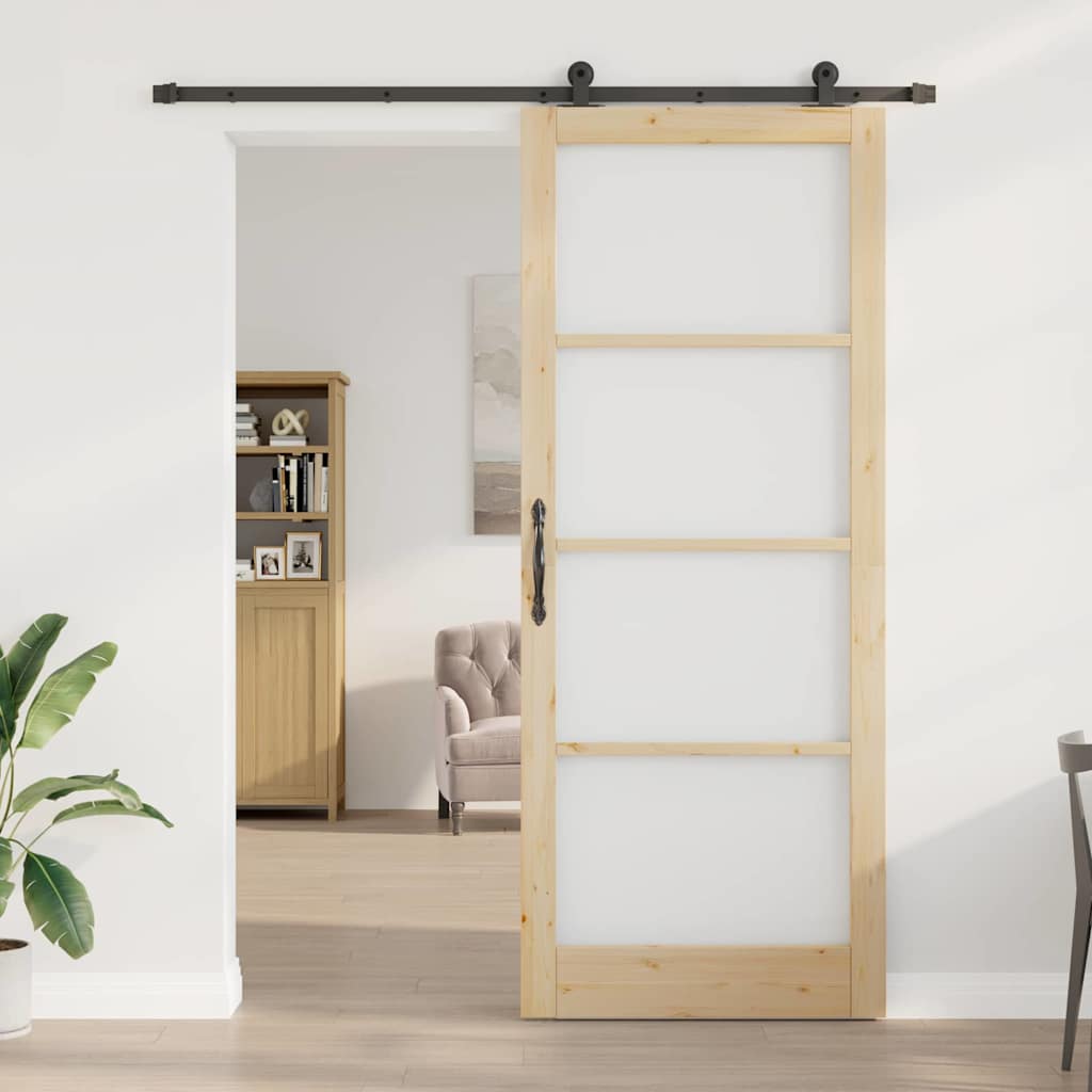Porta scorrevole ORKDAL legno massello pino e vetro temperato naturale nero 93x232 cm