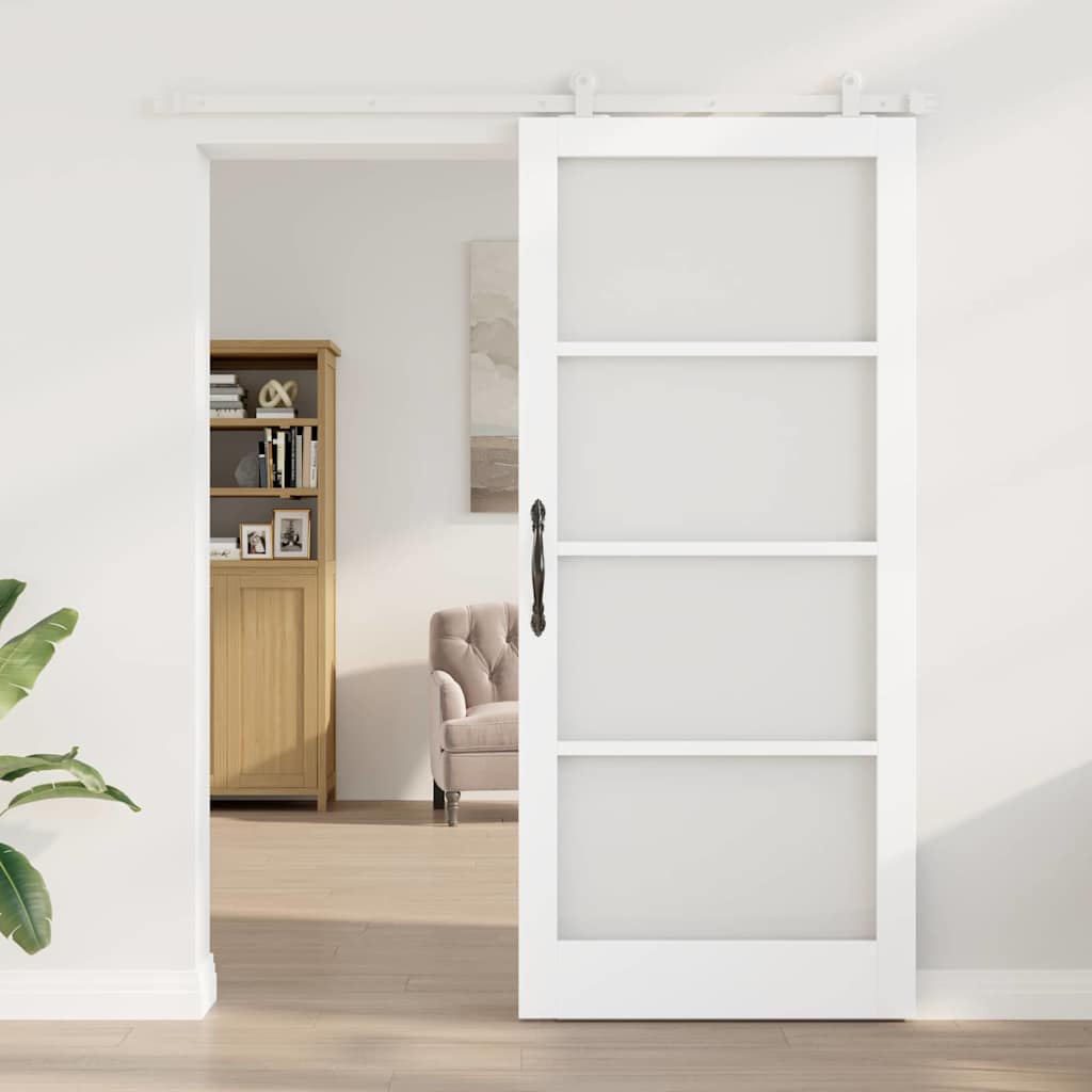 Porta Scorrevole ORKDAL Bianco 93 x 211 cm Legno Massello Pino e Vetro Temperato