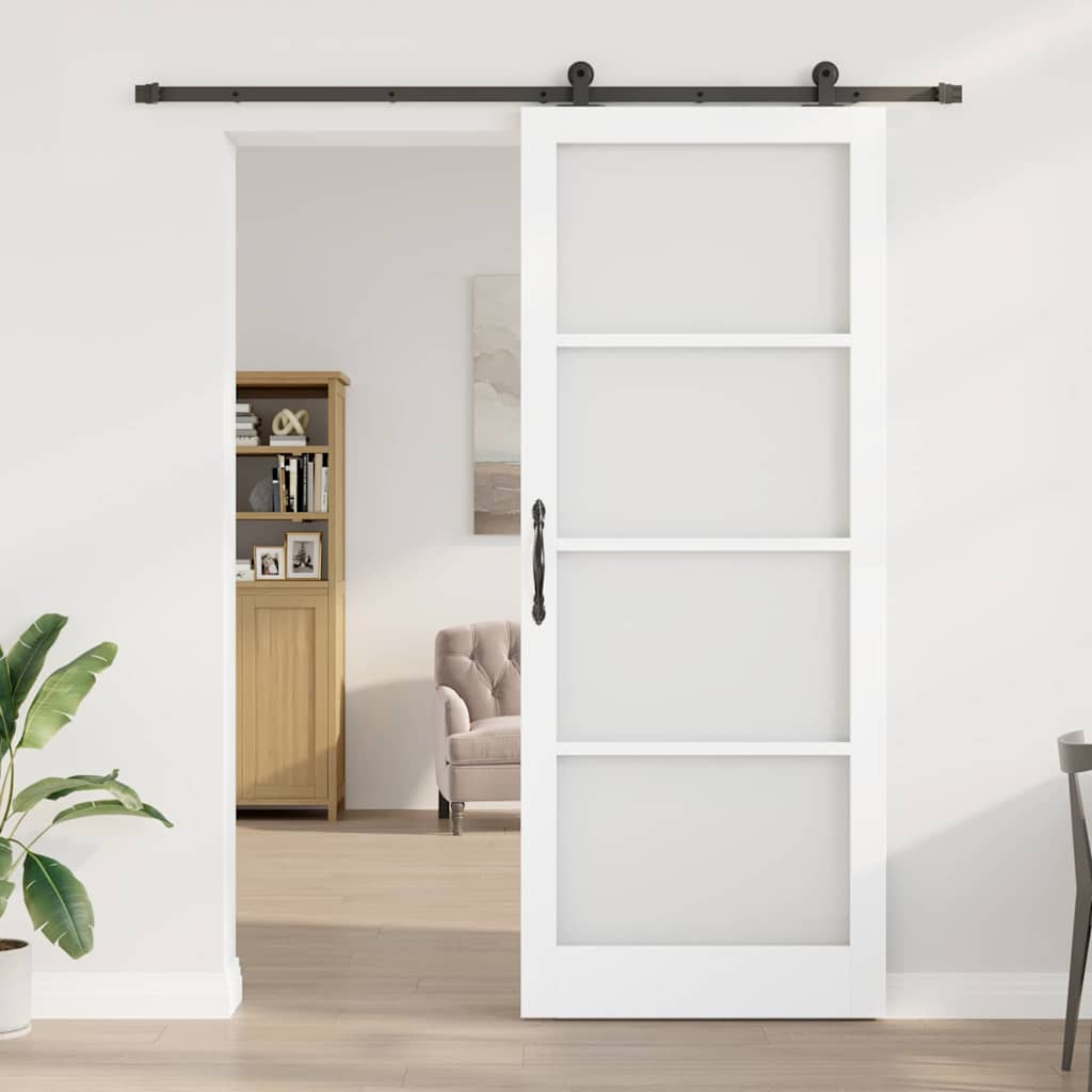 Porta scorrevole ORKDAL in legno massello di pino e vetro bianco 93 x 232 cm