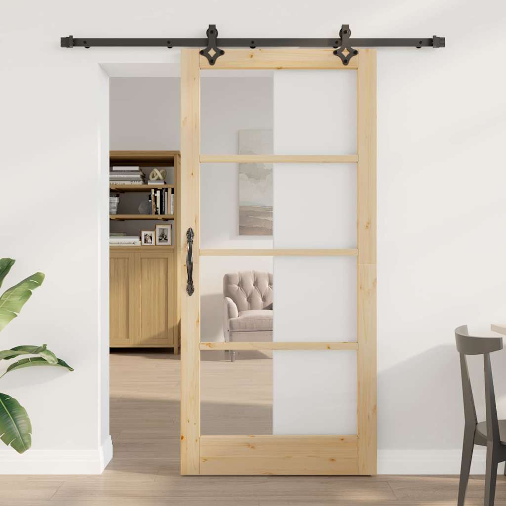 Porta scorrevole ORKDAL 93 x 202 cm legno pino e vetro naturale nero