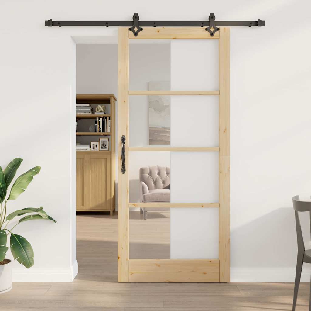 Porta scorrevole ORKDAL Legno massello e vetro 93 x 211 cm Naturale e Nero