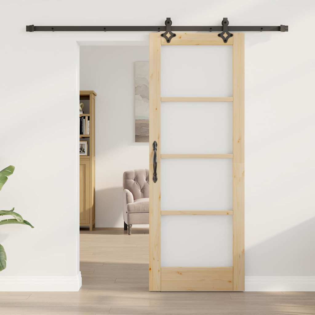Porta Scorrevole ORKDAL Legno Massello Pino e Vetro 73,5 x 198,5 cm Naturale Nero