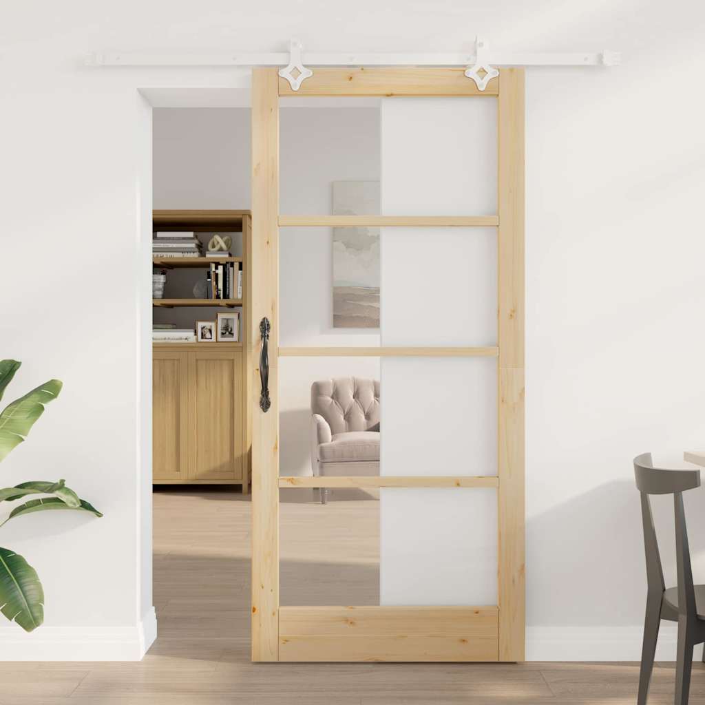 Porta Scorrevole in Legno Massello di Pino e Vetro Naturale 93 x 202 cm