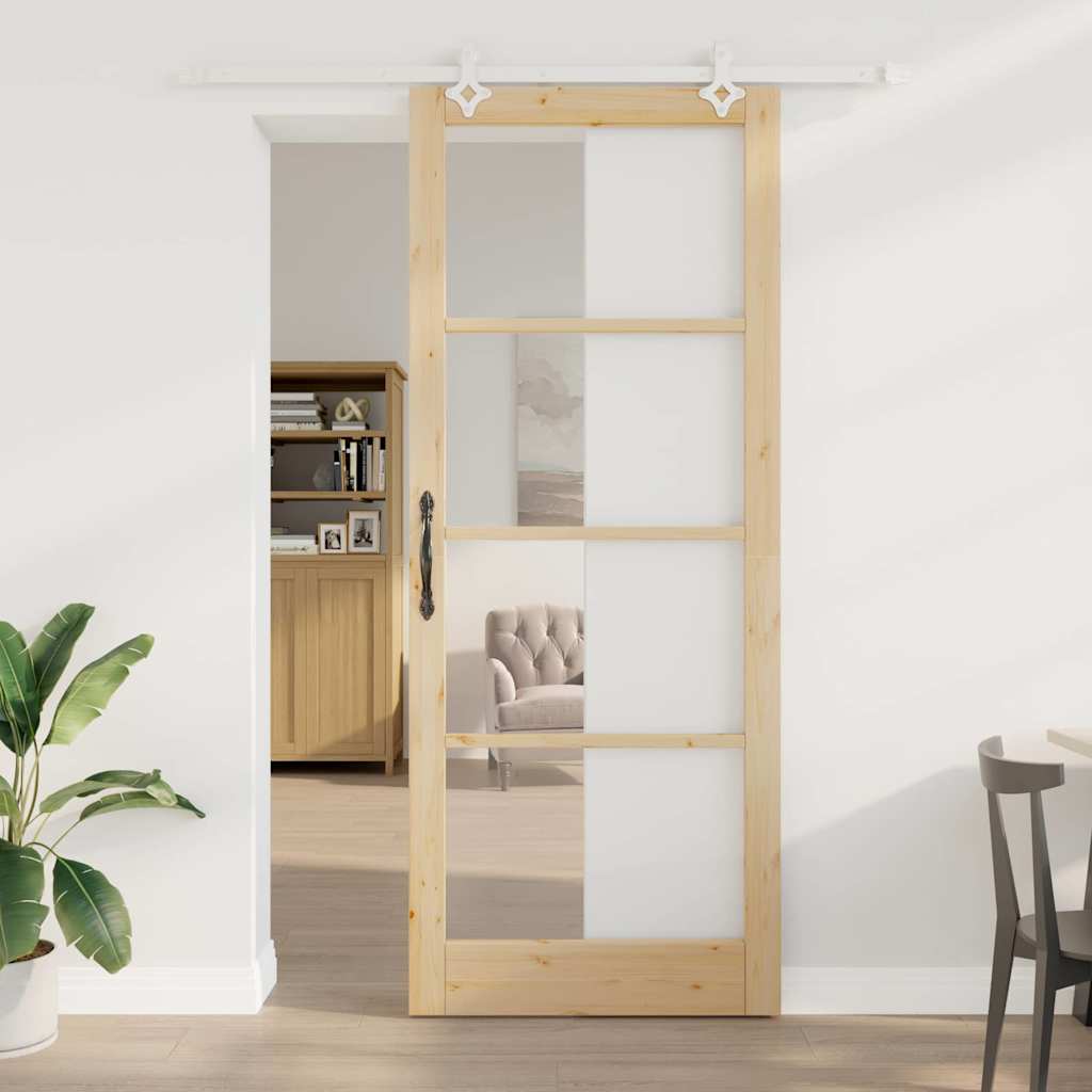 Porta scorrevole in legno massello di pino e vetro 93 x 232 cm color naturale