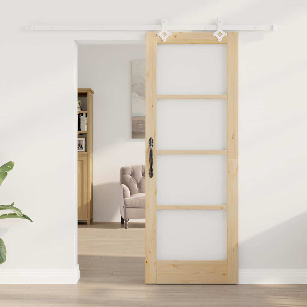 Porta Scorrevole in Legno Massello di Pino e Vetro 73,5 x 198,5 cm - Naturale