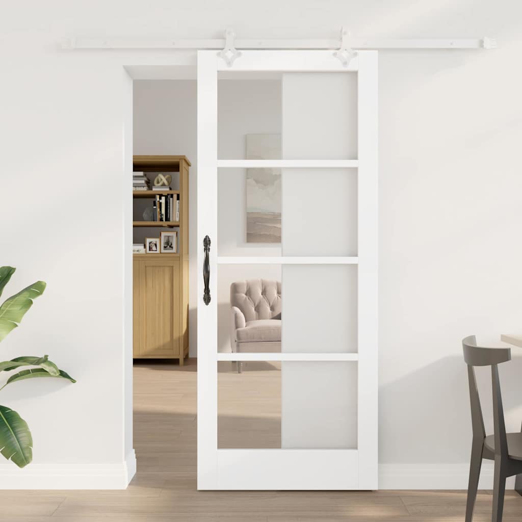 Porta scorrevole in legno massello di pino e vetro bianco 83 x 202 cm