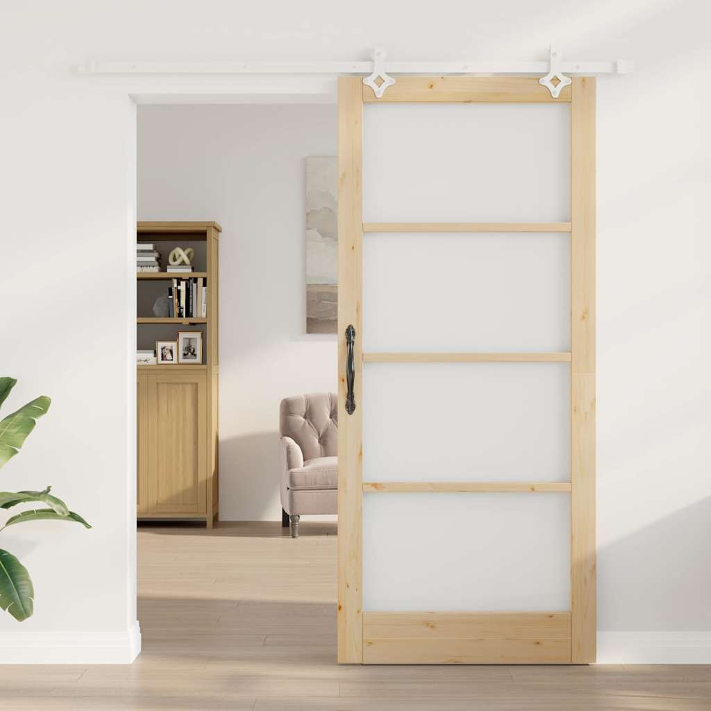 Porta scorrevole in legno massello di pino e vetro naturale 93 x 211 cm