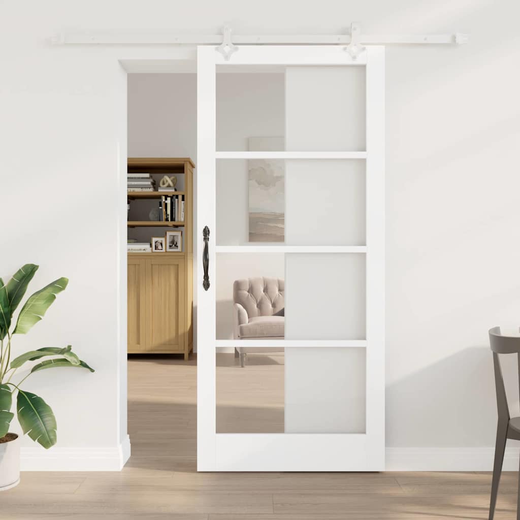 Porta scorrevole in legno massello di pino e vetro Bianco 93 x 211 cm